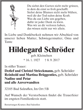 Anzeige  Hildegard Schröder  Lippische Landes-Zeitung