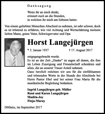Anzeige  Horst Langejürgen  Lippische Landes-Zeitung