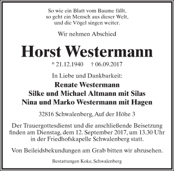 Anzeige  Horst Westermann  Lippische Landes-Zeitung