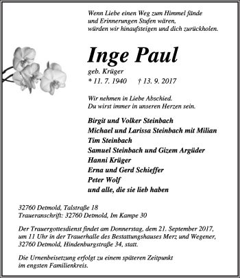Anzeige  Inge Paul  Lippische Landes-Zeitung