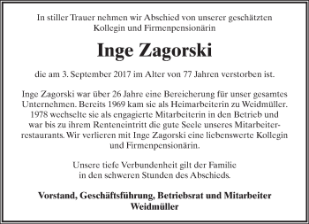 Anzeige  Inge Zagorski  Lippische Landes-Zeitung