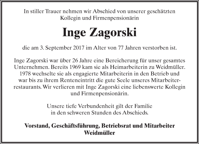  Traueranzeige für Inge Zagorski vom 16.09.2017 aus Lippische Landes-Zeitung