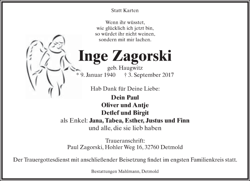  Traueranzeige für Inge Zagorski vom 09.09.2017 aus Lippische Landes-Zeitung