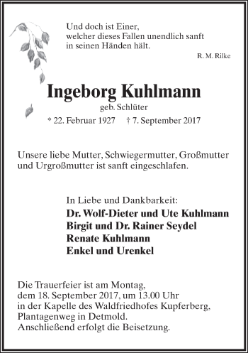 Anzeige  Ingeborg Kuhlmann  Lippische Landes-Zeitung