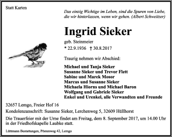 Anzeige  Ingrid Sieker  Lippische Landes-Zeitung