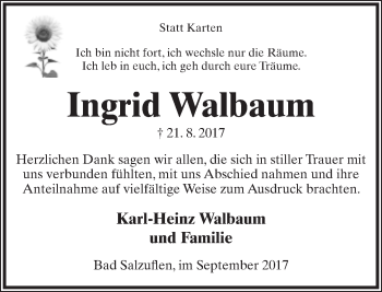 Anzeige  Ingrid Walbaum  Lippische Landes-Zeitung