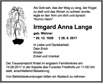 Anzeige  Irmgard Anna Lange  Lippische Landes-Zeitung