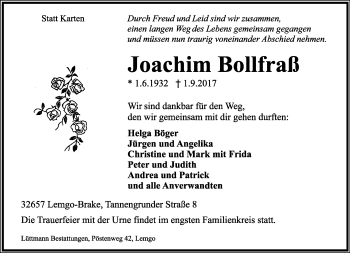 Anzeige  Joachim Bollfraß  Lippische Landes-Zeitung