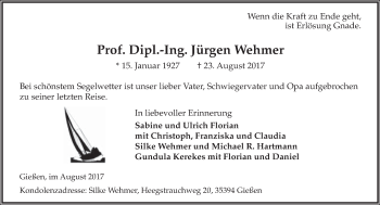 Anzeige  Jürgen Wehmer  Lippische Landes-Zeitung