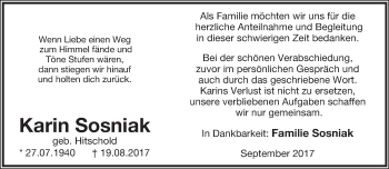 Anzeige  Karin Sosniak  Lippische Landes-Zeitung