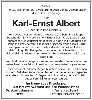 Anzeige  Karl-Ernst Albert  Lippische Landes-Zeitung
