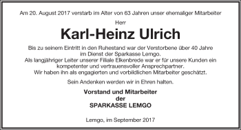 Anzeige  Karl-Heinz Ulrich  Lippische Landes-Zeitung