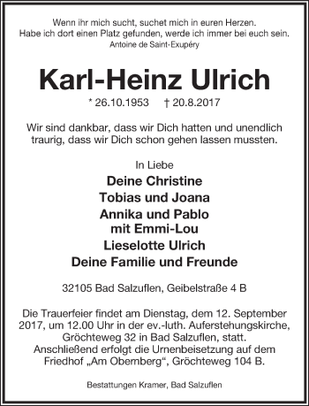 Anzeige  Karl-Heinz Ulrich  Lippische Landes-Zeitung