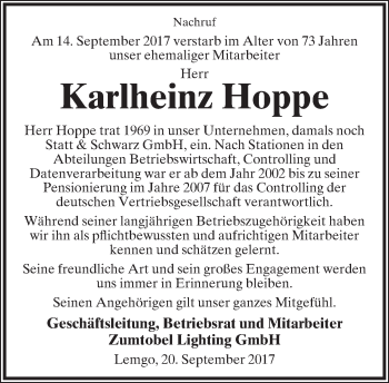 Anzeige  Karlheinz Hoppe  Lippische Landes-Zeitung
