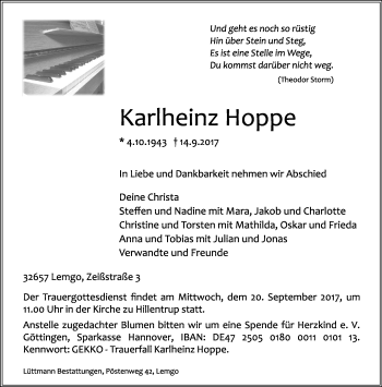 Anzeige  Karlheinz Hoppe  Lippische Landes-Zeitung
