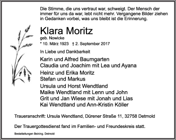 Anzeige  Klara Moritz  Lippische Landes-Zeitung