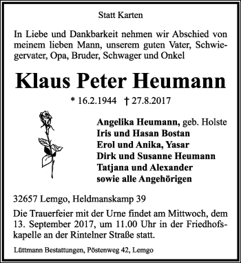 Anzeige  Klaus Peter Heumann  Lippische Landes-Zeitung
