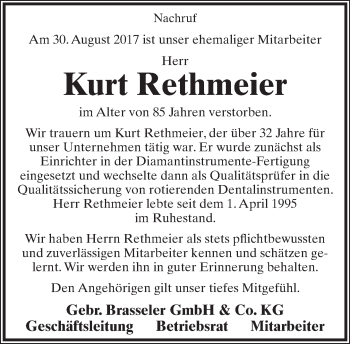 Anzeige  Kurt Rethmeier  Lippische Landes-Zeitung