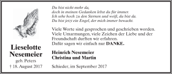 Anzeige  Lieselotte Nesemeier  Lippische Landes-Zeitung