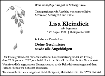 Anzeige  Lisa Kleindiek  Lippische Landes-Zeitung