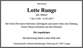 Anzeige  Lotte Runge  Lippische Landes-Zeitung
