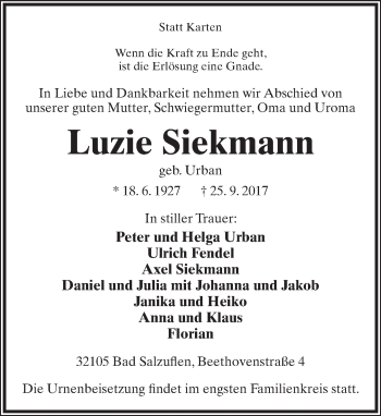 Anzeige  Luzie Siekmann  Lippische Landes-Zeitung