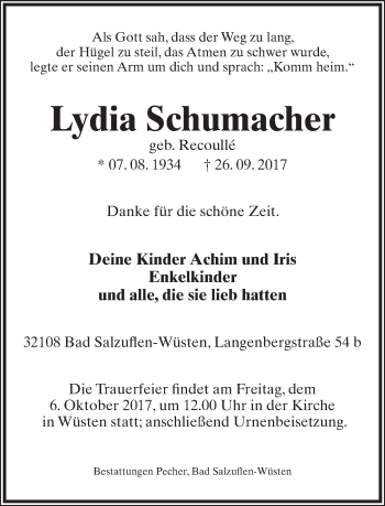 Anzeige  Lydia Schumacher  Lippische Landes-Zeitung