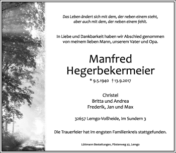 Anzeige  Manfred Hegerbekermeier  Lippische Landes-Zeitung