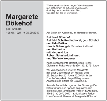 Anzeige  Margarete Bökehof  Lippische Landes-Zeitung