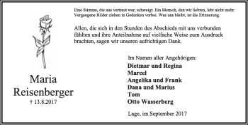 Anzeige  Maria Reisenberger  Lippische Landes-Zeitung