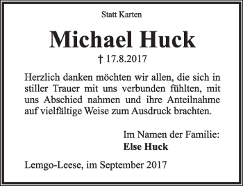 Anzeige  Michael Huck  Lippische Landes-Zeitung