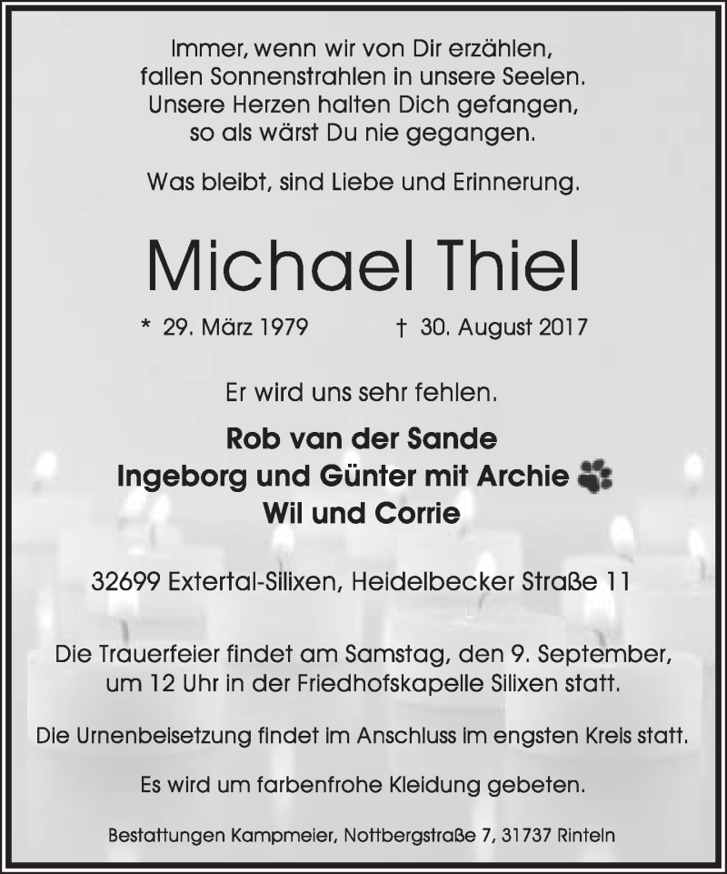  Traueranzeige für Michael Thiel vom 05.09.2017 aus Lippische Landes-Zeitung