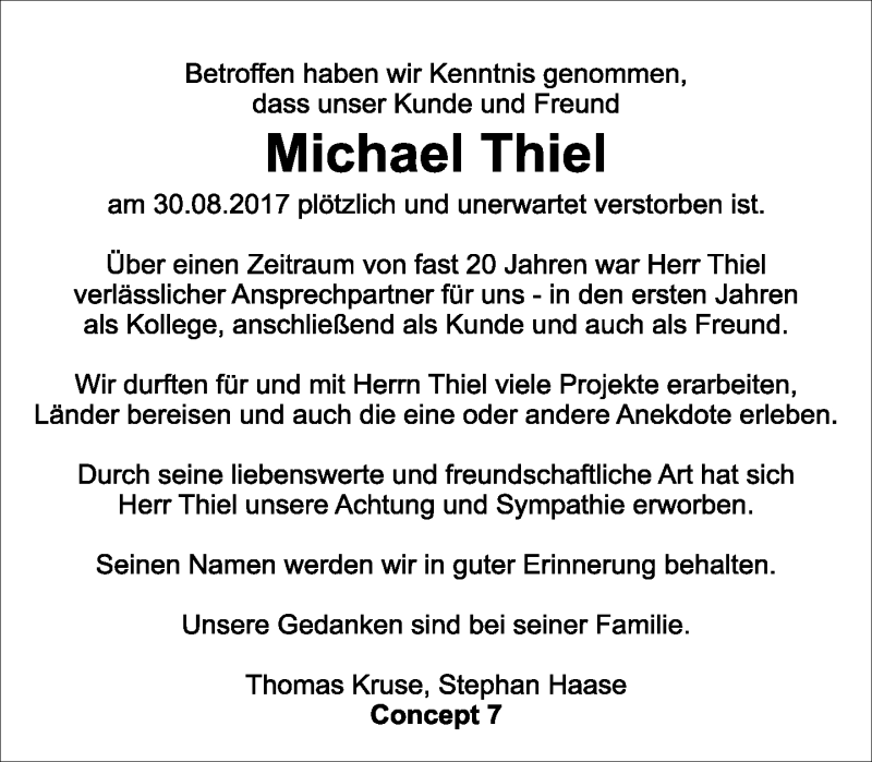  Traueranzeige für Michael Thiel vom 05.09.2017 aus Lippische Landes-Zeitung