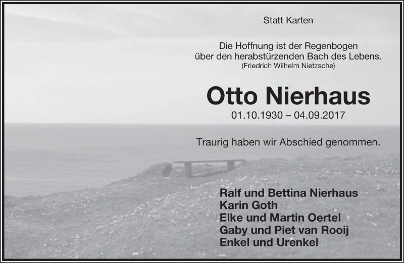  Traueranzeige für Otto Nierhaus vom 16.09.2017 aus Lippische Landes-Zeitung
