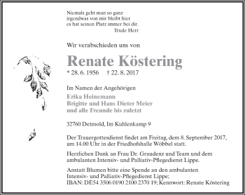 Anzeige  Renate Köstering  Lippische Landes-Zeitung