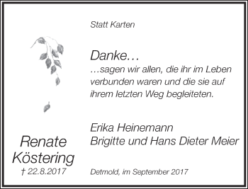 Anzeige  Renate Köstering  Lippische Landes-Zeitung