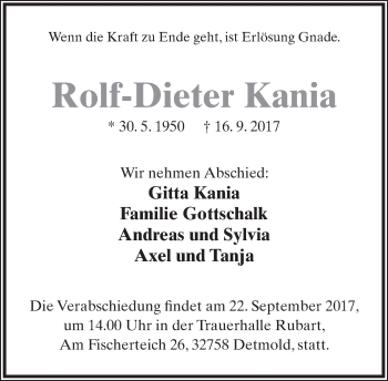Anzeige  Rolf-Dieter Kania  Lippische Landes-Zeitung
