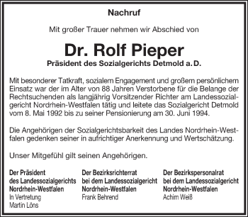 Anzeige  Rolf Pieper  Lippische Landes-Zeitung
