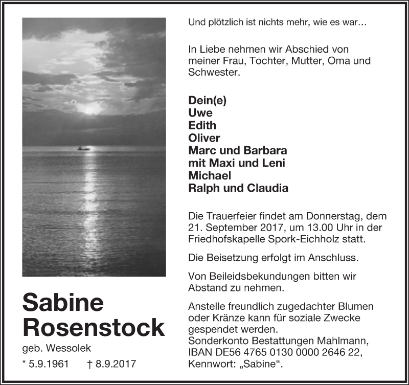  Traueranzeige für Sabine Rosenstock vom 16.09.2017 aus Lippische Landes-Zeitung