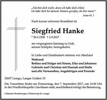 Anzeige  Siegfried Hanke  Lippische Landes-Zeitung