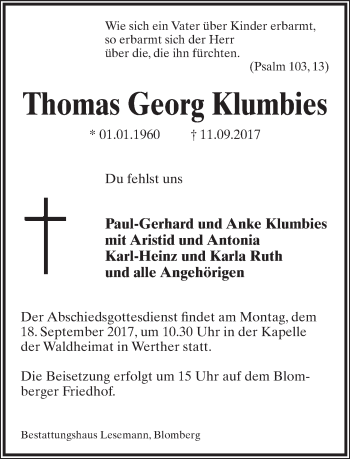 Anzeige  Thomas Georg Klumbies  Lippische Landes-Zeitung