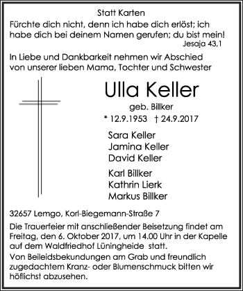 Anzeige  Ulla Keller  Lippische Landes-Zeitung