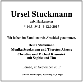 Anzeige  Ursel Stuckmann  Lippische Landes-Zeitung