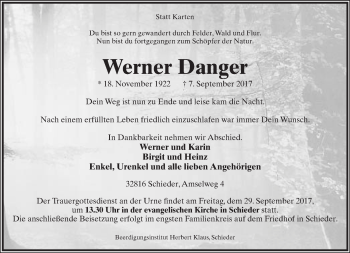 Anzeige  Werner Danger  Lippische Landes-Zeitung