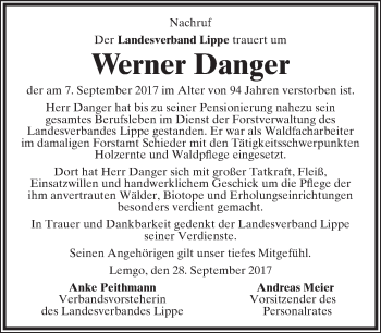 Anzeige  Werner Danger  Lippische Landes-Zeitung