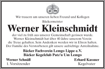 Anzeige  Werner Kleinschmidt  Lippische Landes-Zeitung