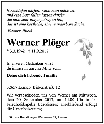 Anzeige  Werner Plöger  Lippische Landes-Zeitung