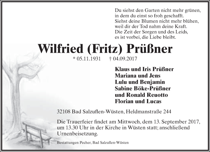  Traueranzeige für Wilfried  Prüßner vom 09.09.2017 aus Lippische Landes-Zeitung