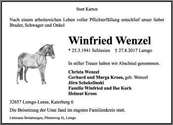 Anzeige  Winfried Wenzel  Lippische Landes-Zeitung