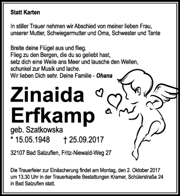 Anzeige  Zinaida Erfkamp  Lippische Landes-Zeitung